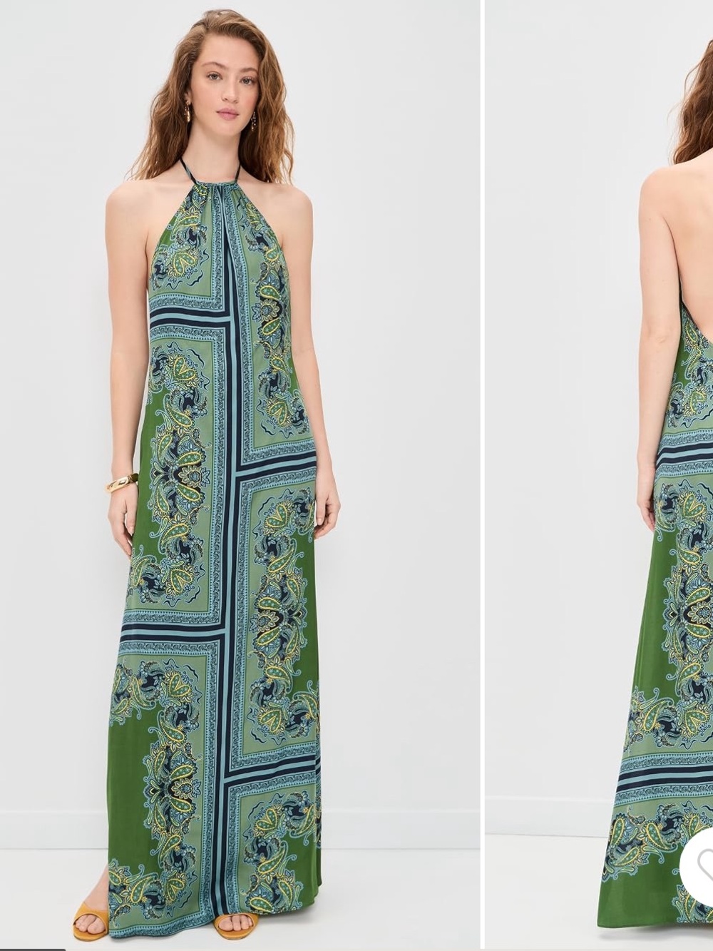 Misa Los Angeles Green Paisley Halter Backless Maxi Dress